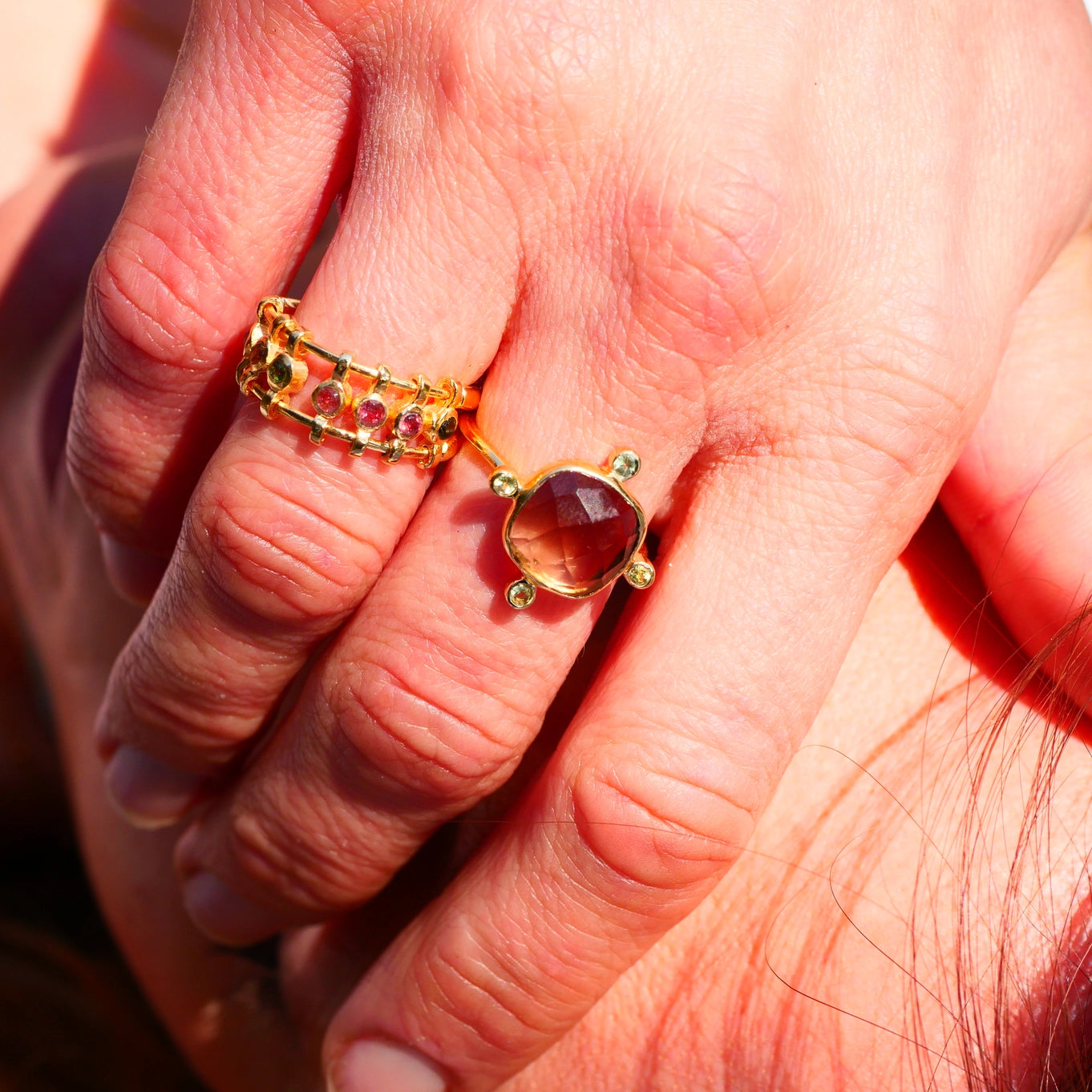 Sanyog Adjustable Ring - Smoky Quartz and Peridot