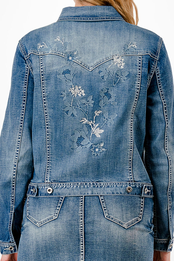 Elegant Floral Embroidery Detail Denim Jacket