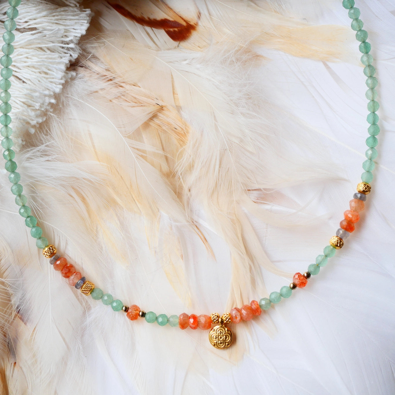 Saanjeevani Necklace - Aventurine, Sunstone, Clover