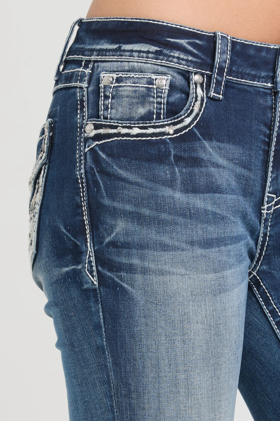 Grace In LA Wing Faux Flap Mid-Rise Boot Cut Jeans 32"