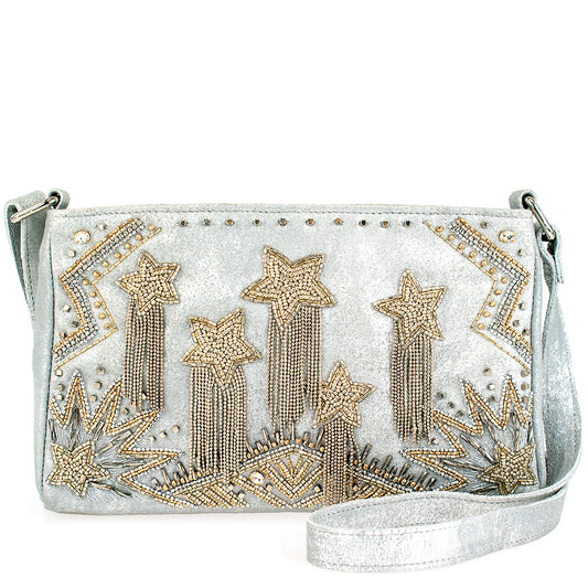 Silver Streak Hand-Beaded Stars On Leather Crossbody Handbag