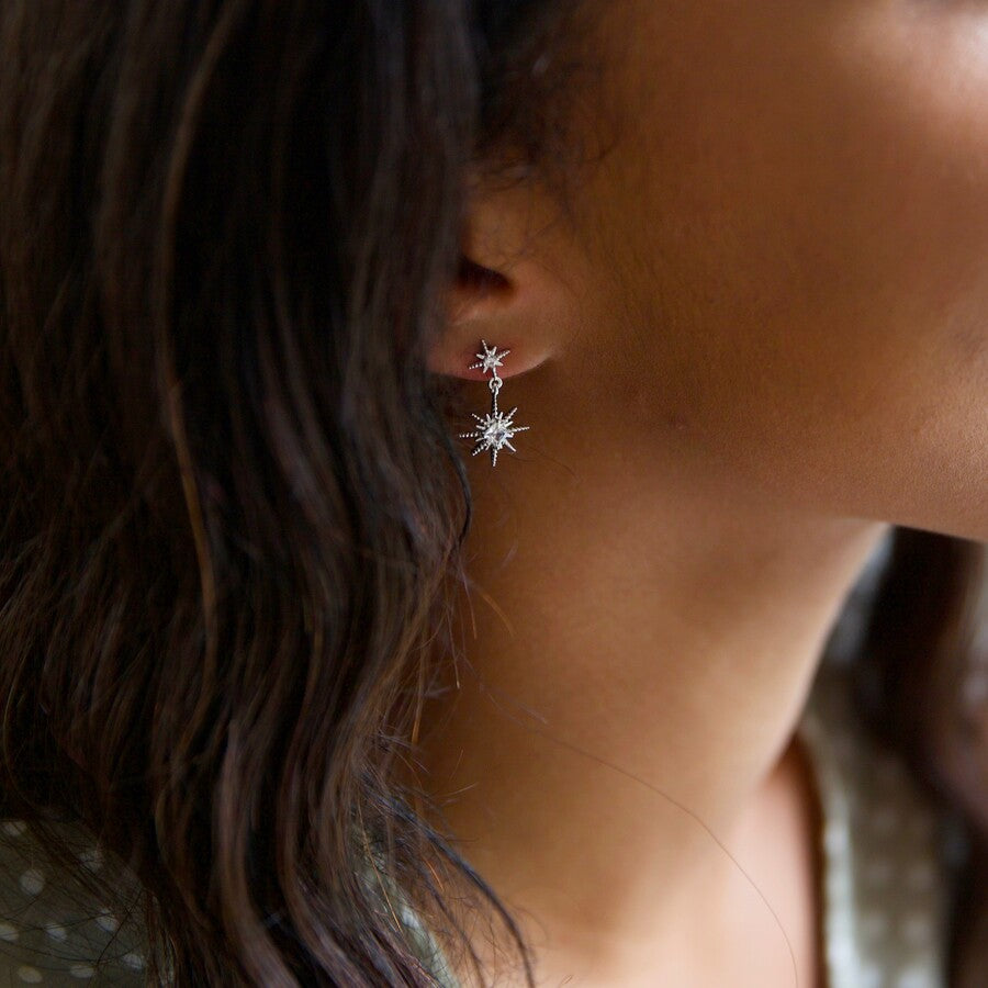 Crystal Double Star Drop Earrings in Silver