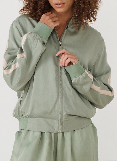 Bomber Jacket with Sleeve Stripe in Sage
