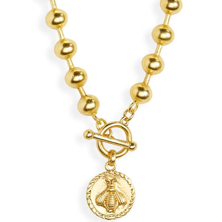 Ball Chain Necklace with Bee Pendant - Gold