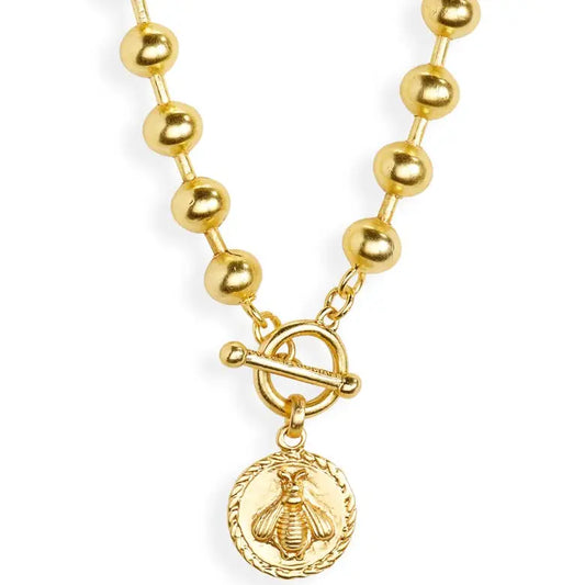 Ball Chain Necklace with Bee Pendant - Gold