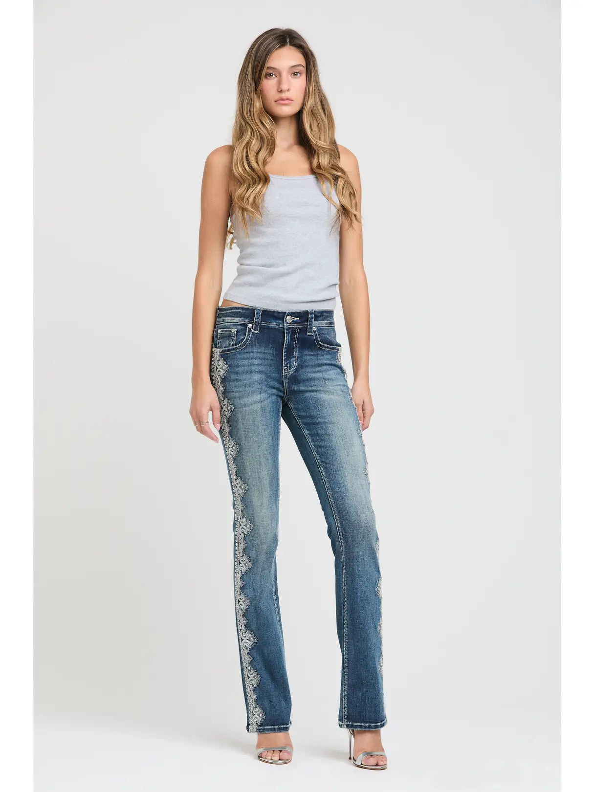 Grace in LA Side Embroidery Mid Rise Boot Cut Jeans 30"