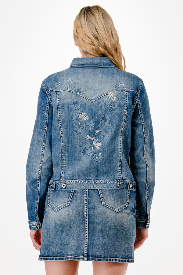 Elegant Floral Embroidery Detail Denim Jacket