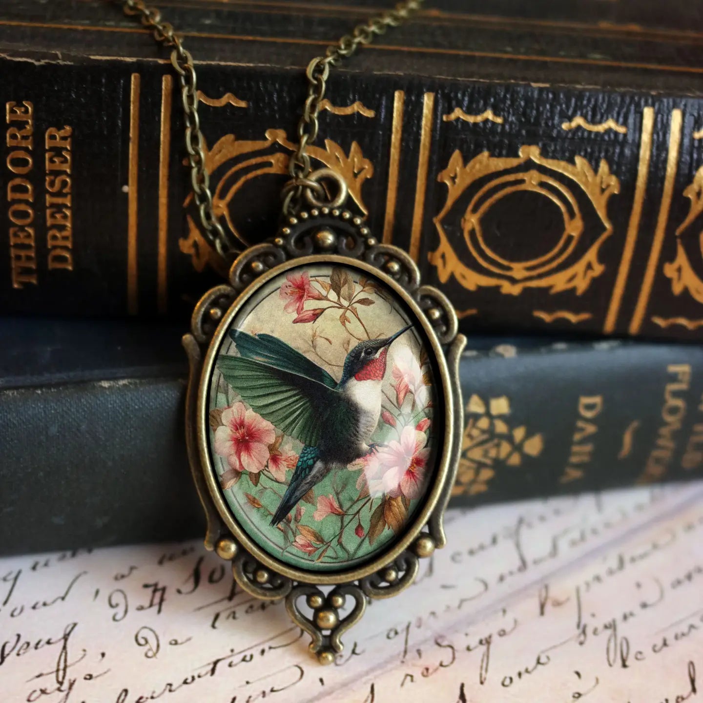 Hummingbird Art Nouveau Ornate Oval Pendant