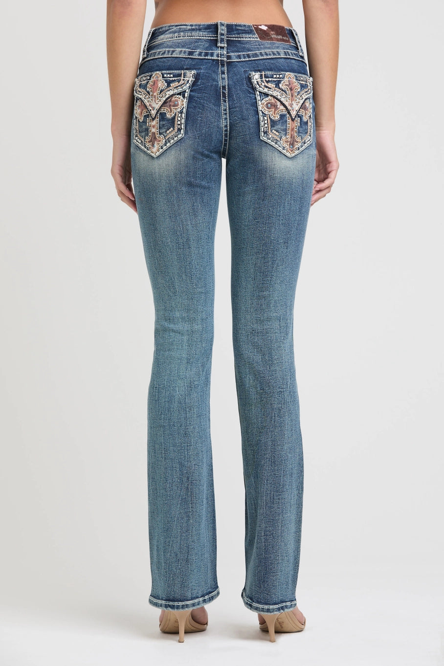 Cross/Horse Hide Detail Mid-Rise Boot Cut Jeans 34"
