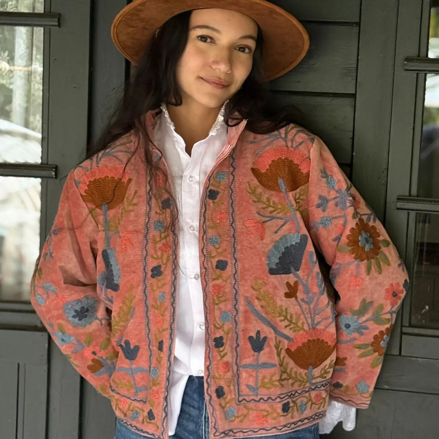 Short Velvet Embroidery Kimono (Orange)