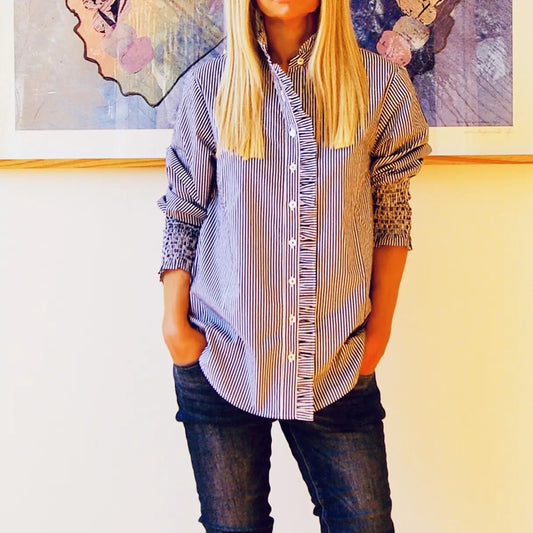 Navy/White Cotton Poplin Striped Shirt