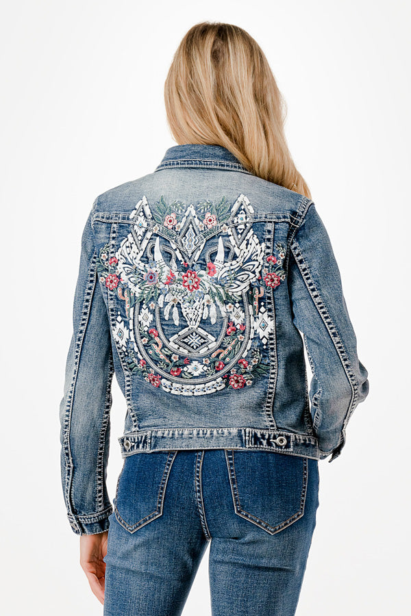 Steer Head Floral Embroidery Detail Denim Jacket