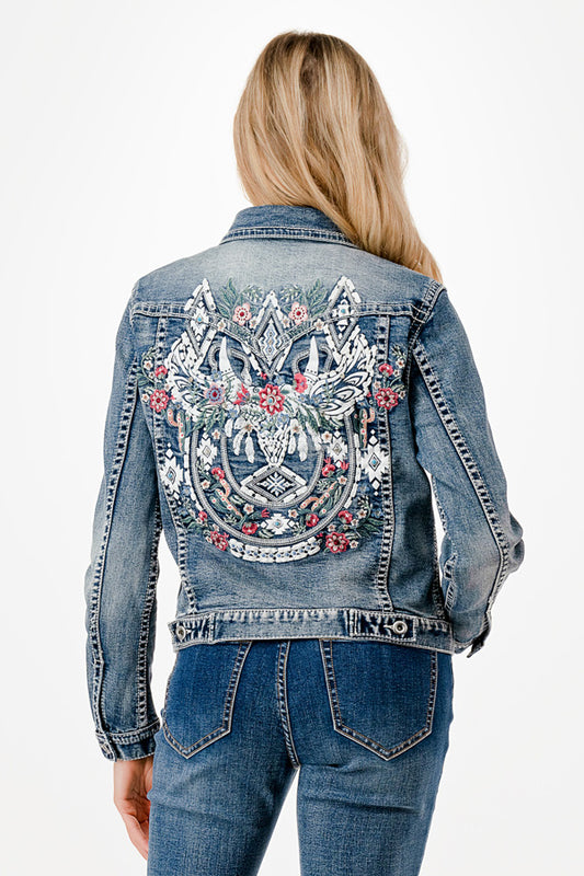Steer Head Floral Embroidery Detail Denim Jacket