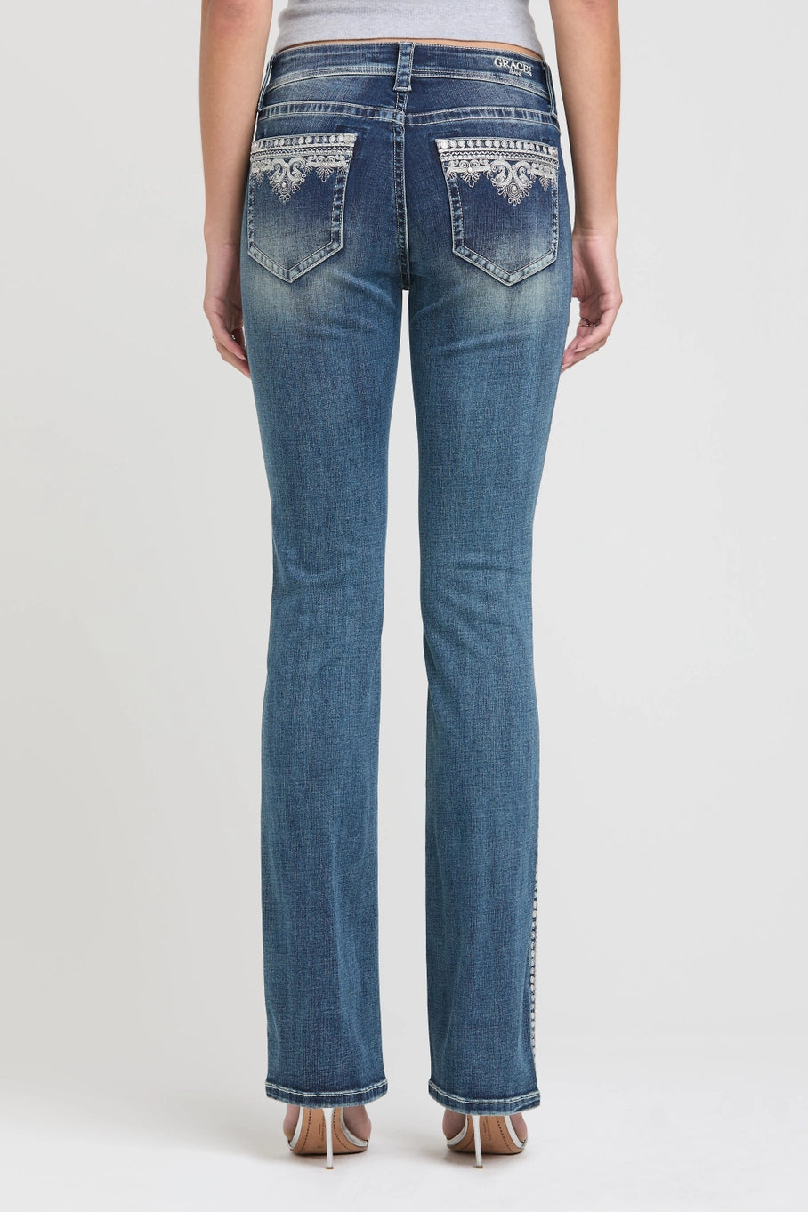 Grace in LA Side Embroidery Mid Rise Boot Cut Jeans 30"