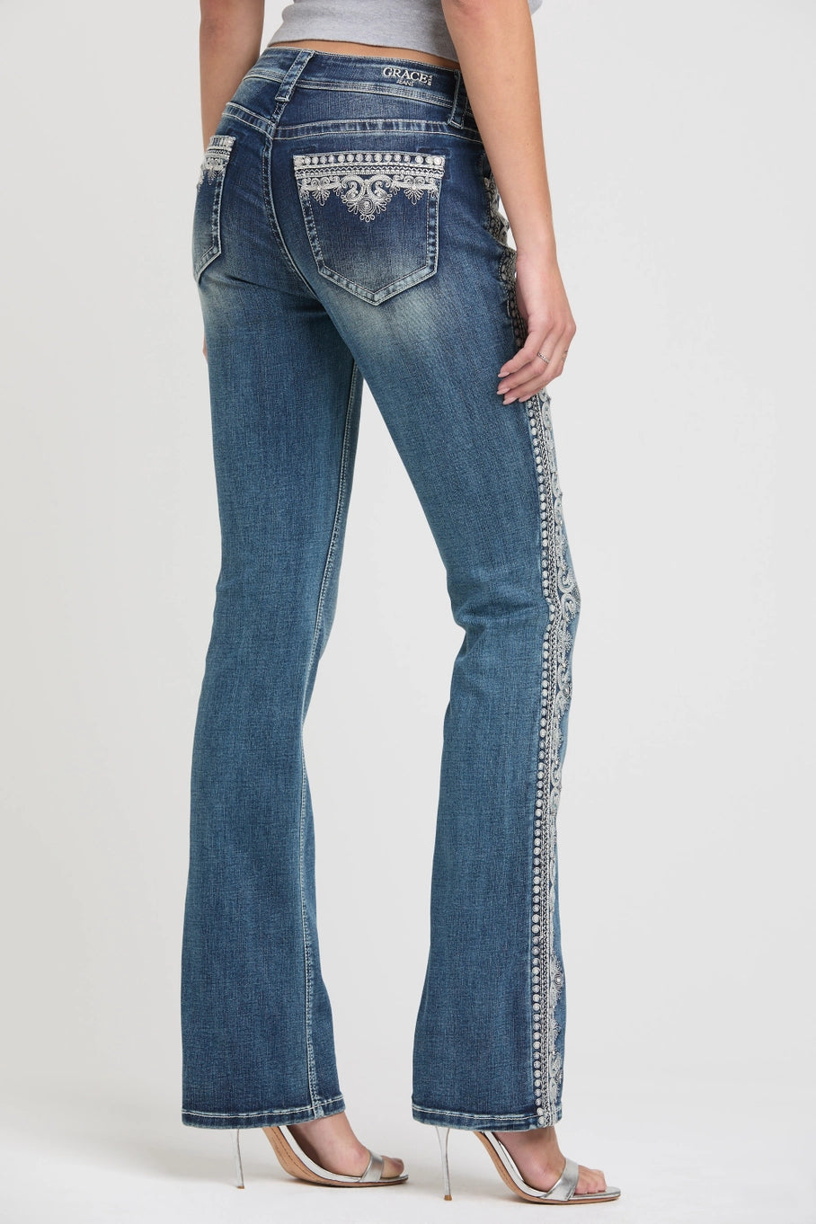 Grace in LA Side Embroidery Mid Rise Boot Cut Jeans 30"