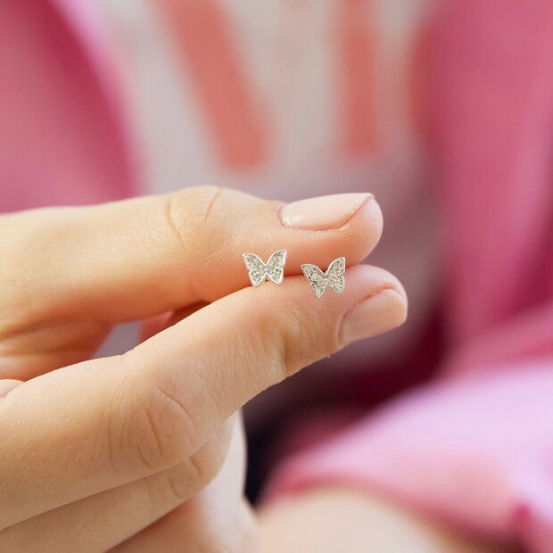 Crystal Butterfly Stud Earrings in Silver