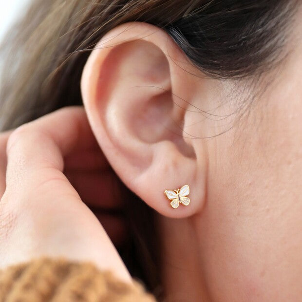 White Enamel Butterfly Stud Earrings in Gold